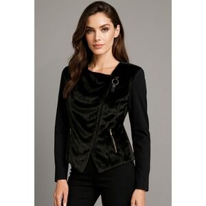 INC‎ Jacket Womens L Black Asymmetrical Zip Faux Fur Blazer Preppy Motorcycle